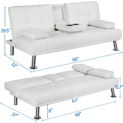 Yaheetech Modern Sofa Bed Faux Leather Sofa Convertible Folding Futon Couch with Armrest Home Recliner Home Furniture for Living Room White