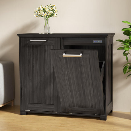 Smhxo Tilt Out Trash Cabinet, Wooden Kitchen Trash Can Cabinet with Deodorising Function, 2 * 10 Gallons Hidden Laundry Sorter Cabinet, Pure Dark Brown Smhxo