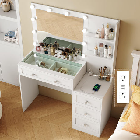 YaoYaoJia Vanity Desk with Mirror and Lights, 39.4" White Makeup Vanity with Glass Top,Dressing Table with 4 Drawers,Charging Station, 3 Lighting Modes for Women Bedroom YaoYaoJia