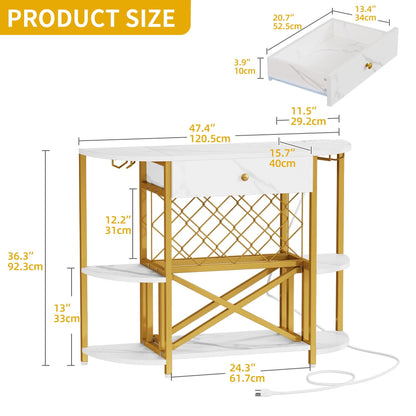 DWVO Wine Bar Cabinet w/Power Outlets, LED Home Mini Coffee Bar Table, Metal Kitchen Liquor Cabinet Stand with 4-Tier Storage Shelves and Drawer, Wine Racks and Glass Holders, White & Gold