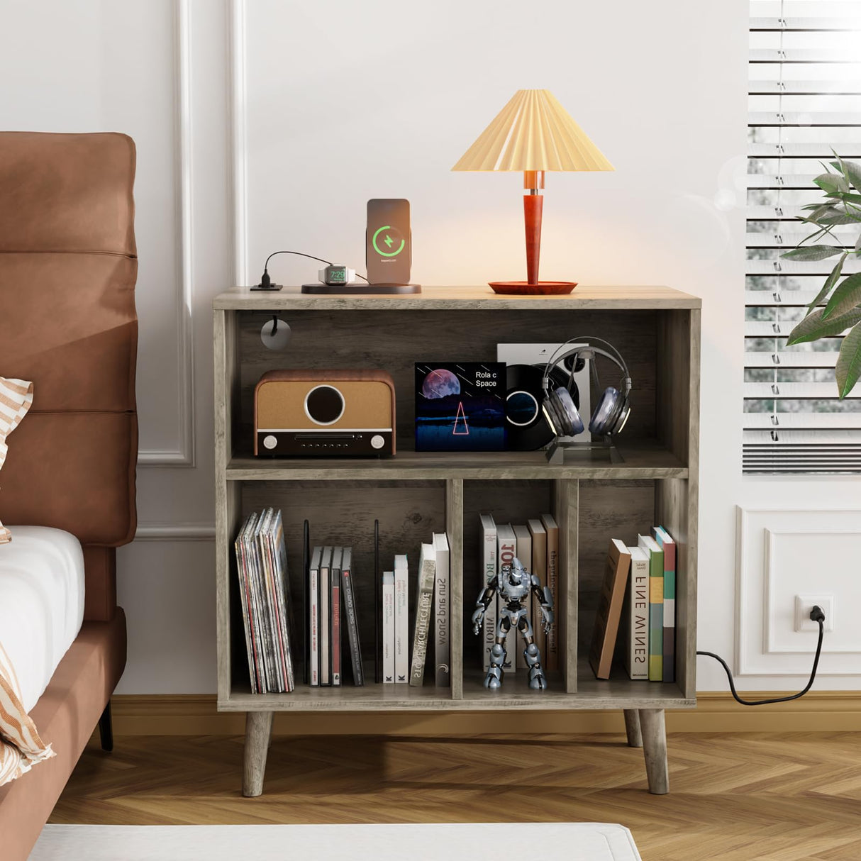 VINGLI Record Player Stand with Open Vinyl Storage, Mid-Century Album Storage Table with LED Light up to 300 Albums, Vinyl Record Player Shelf with Power Outlet for Living Room, Grey Oak VINGLI