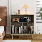 VINGLI Record Player Stand with Open Vinyl Storage, Mid-Century Album Storage Table with LED Light up to 300 Albums, Vinyl Record Player Shelf with Power Outlet for Living Room, Grey Oak VINGLI