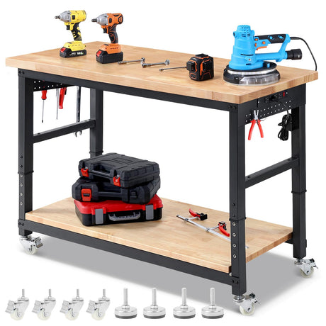 ENJOYWOOD Work Bench for Garage Adjustable Workbenches with Storage 60 Inch Garage Workbench with Under Table Shelf, Pegboard, Power Outlets for Woodworking, Home, Office, Workshop ENJOYWOOD