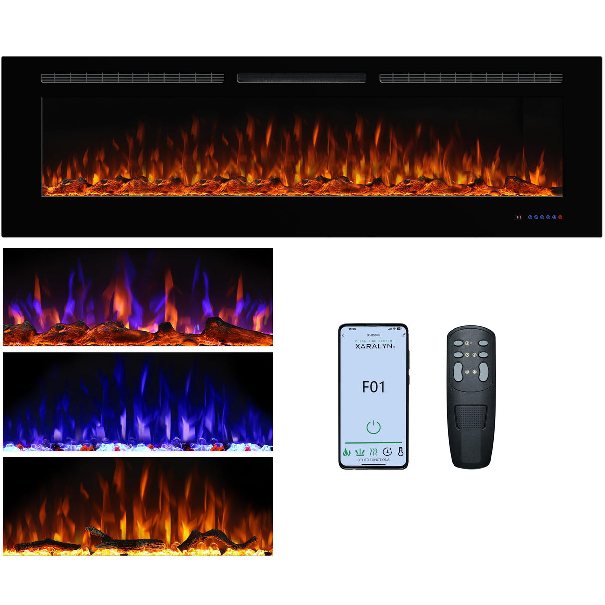 Dreamflame Smart Electric Fireplace 72inch, Recessed& Wall-Mounted Fireplace Inserts, Multicolor Flame w/5 Dimmer, WiFi Control Thermostat&Timer, Low Noise& Hardwire Connect, 1500W, Black Dreamflame