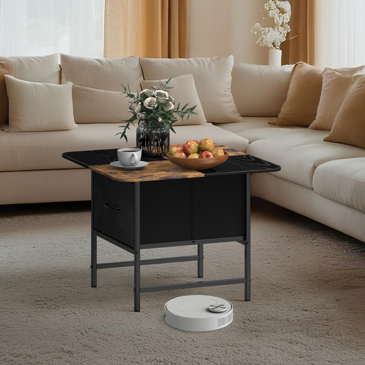 SHINOSKE Square Coffee Table with Round Corners,2 Tier Farmhouse Small Coffee Table for Small Space,Modern Low Center Living Room Tables with 2 Storage Drawers for Apartment,Office,Outdoor,Black Brown Shinoske