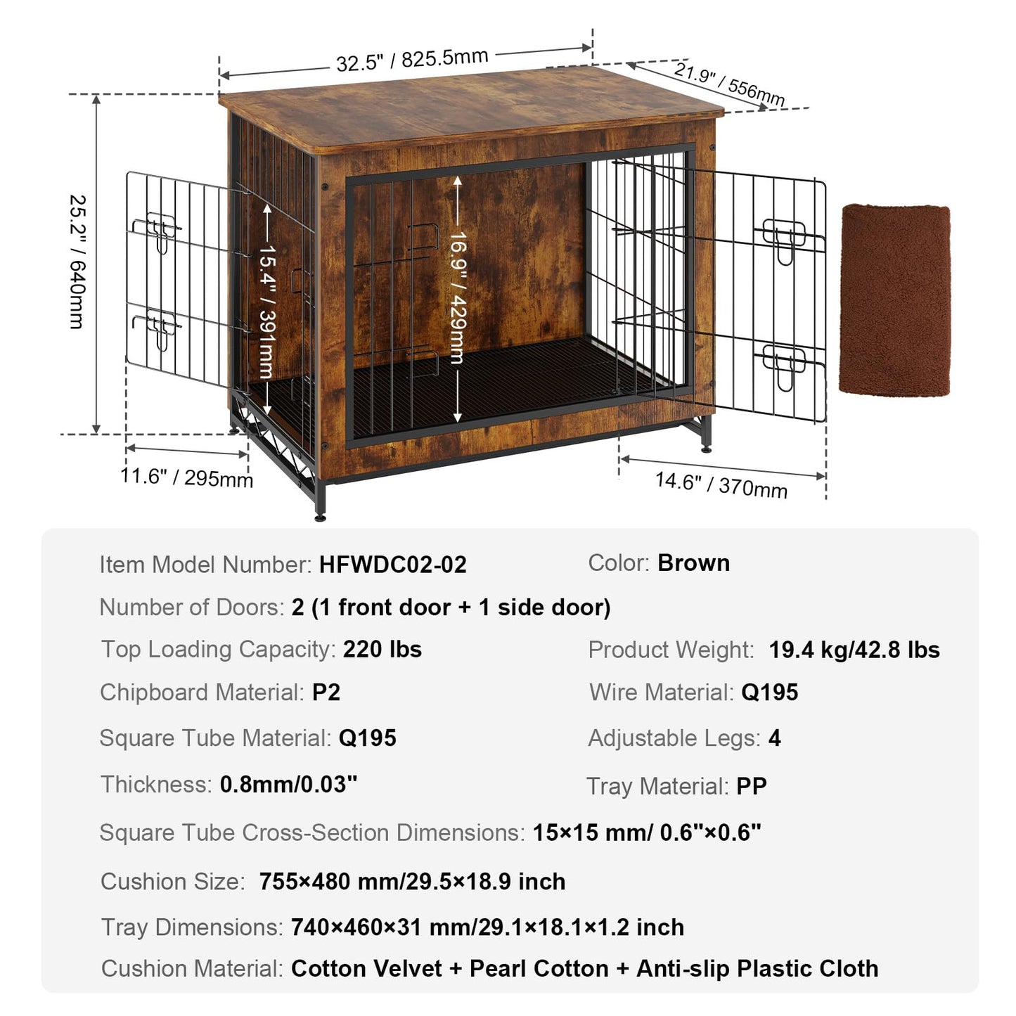 VEVOR Dog Crate Furniture, 32 inch Wooden Dog Crate with Double Doors, Heavy-Duty Dog Cage End Table with Multi-Purpose Removable Tray, Modern Dog Kennel Indoor for Dogs up to 45lb, Rustic Br - WoodArtSupply