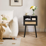 IBUYKE Rattan Nightstand, Boho Side Table with Drawer Open Shelf, Wood Accent Bedside Table, End Table with Legs for Bedroom, Living Room and Small Spaces, Black UWNS009B IBUYKE