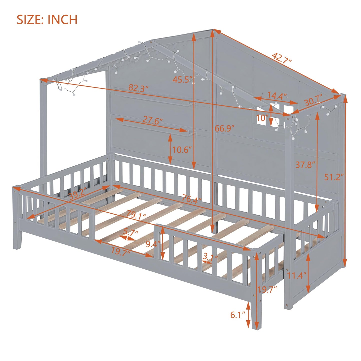 SOFTSEA Twin Size Low House Loft Bed with Shelves and Sparkling Light Stripe - WoodArtSupply