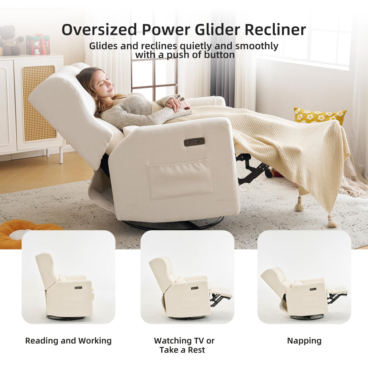Rhevoy Oversized Swivel Rocker Recliner Chair, 26" Extra Wide Glider Nursery Chair with Adjustable Headrest, Chenille Power Recliner Rocking with Double Cushion, Cup Holder, White Rhevoy