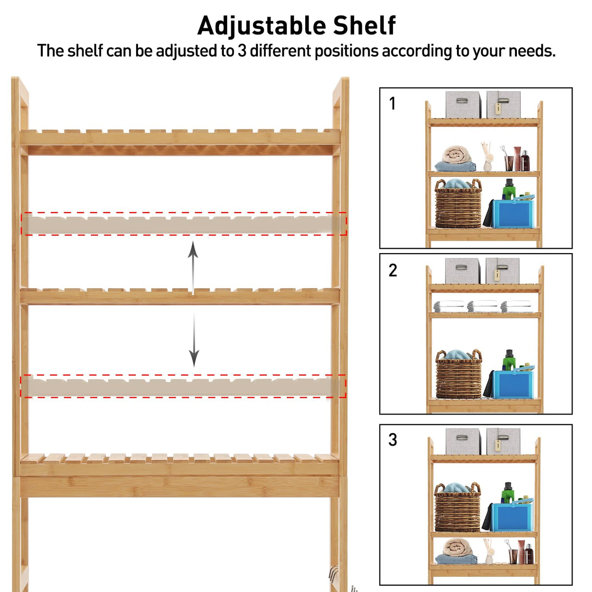 HITOMEN 3-Tier Bamboo Over The Toilet Storage Cabinet with Adjustable Shelves and Hooks HITOMEN