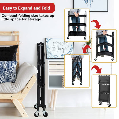 IRONMAX Folding Tool Cart on Wheels, Heavy Duty 3 Tier Foldable Utility Cart w/ 4 Universal Wheel & Compartments, Lightweight Collapsible Service - WoodArtSupply