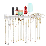 YYILIS Necklace Holder, Upgraded Extra Large Wall Necklace Organizer with 30 Hooks Wall Mounted Necklace Hanger with Jewelry Tray/Cosmetics Shelf Rustic Pine Wood Holder (White) YYILIS