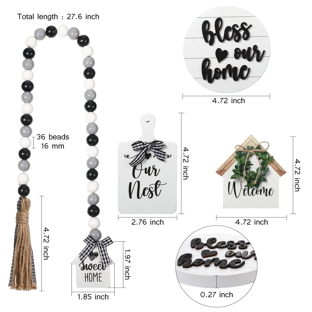 4 Pieces Farmhouse Tiered Tray Decor Set Including House Farmhouse Sign Wooden Small Items Plaid Wood Bead Garland for Home Decor(Simple Style) Yookeer