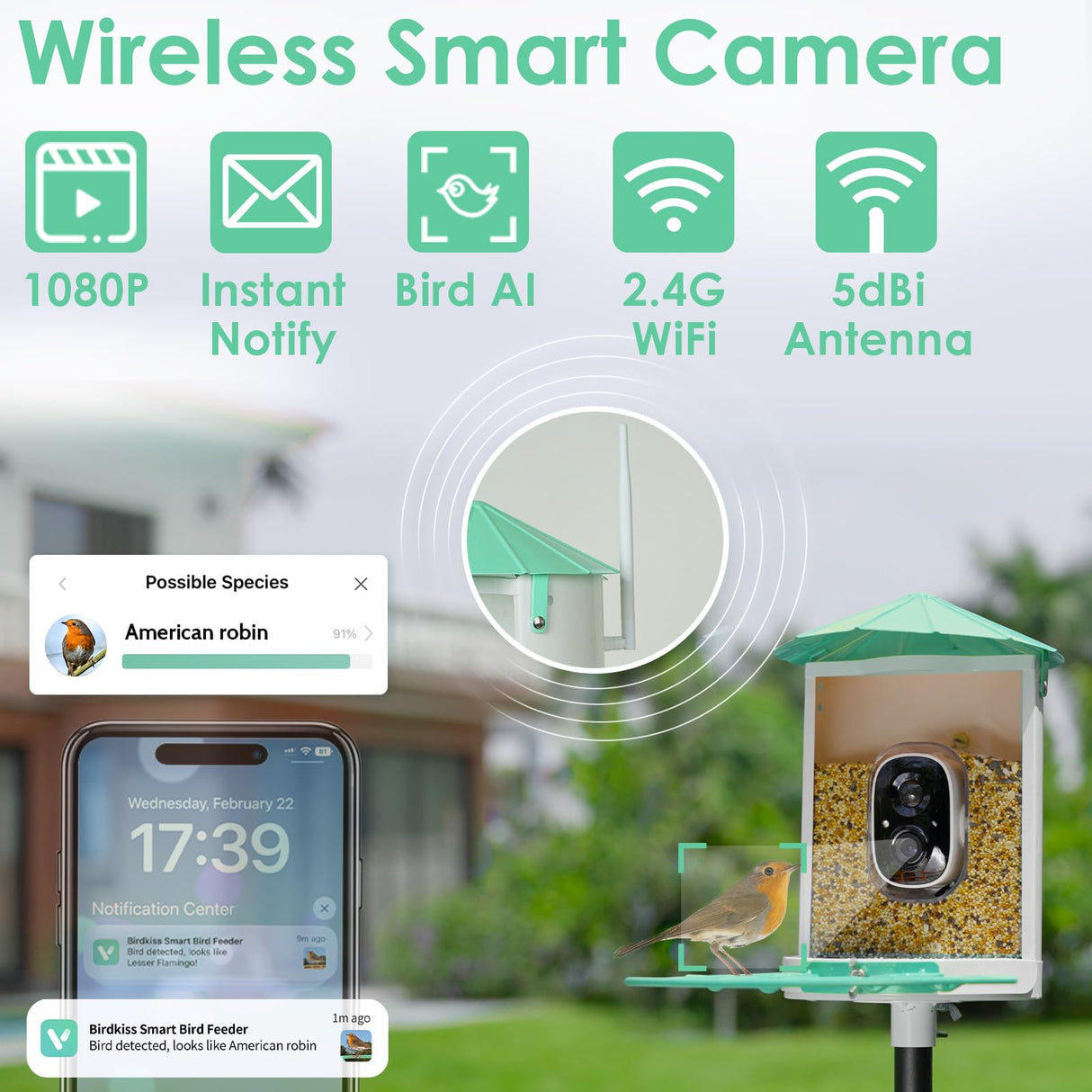 Birdkiss Bird Feeder Camera Smart: Wireless Bird House with Solar Panel - Motion Activated & Watching HD Bird Video - Metal Squirrel Proof Birdfeeder Birdkiss