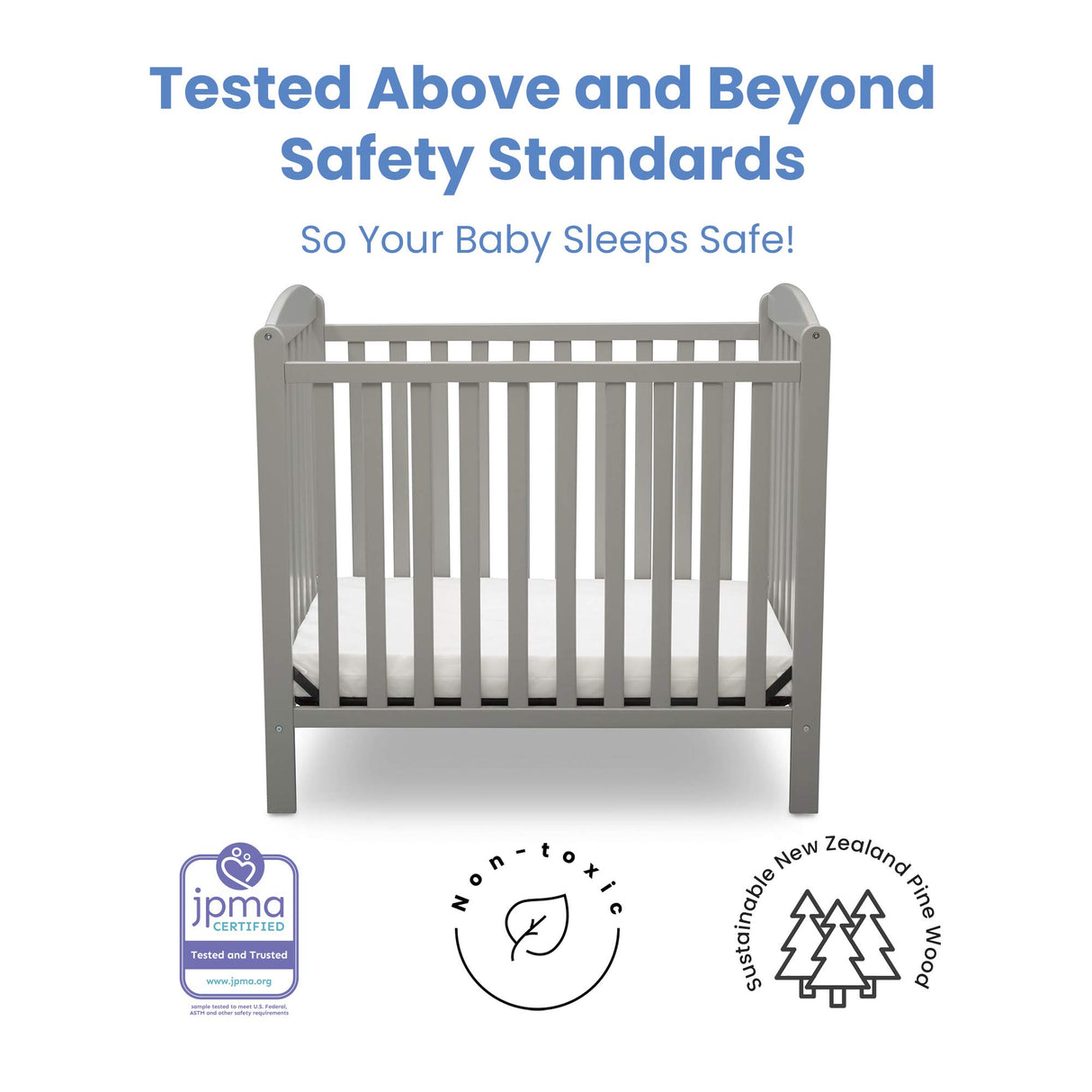 Delta Children Emery Mini Convertible Baby Crib with 2.75-inch Mattress, Grey Delta Children