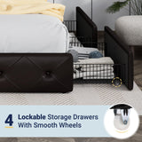 Allewie Upholstered King Size Platform Bed Frame with 4 Storage Drawers and Headboard, Diamond Stitched Button Tufted, Mattress Foundation with Wooden Slats Support, Black Brown Allewie