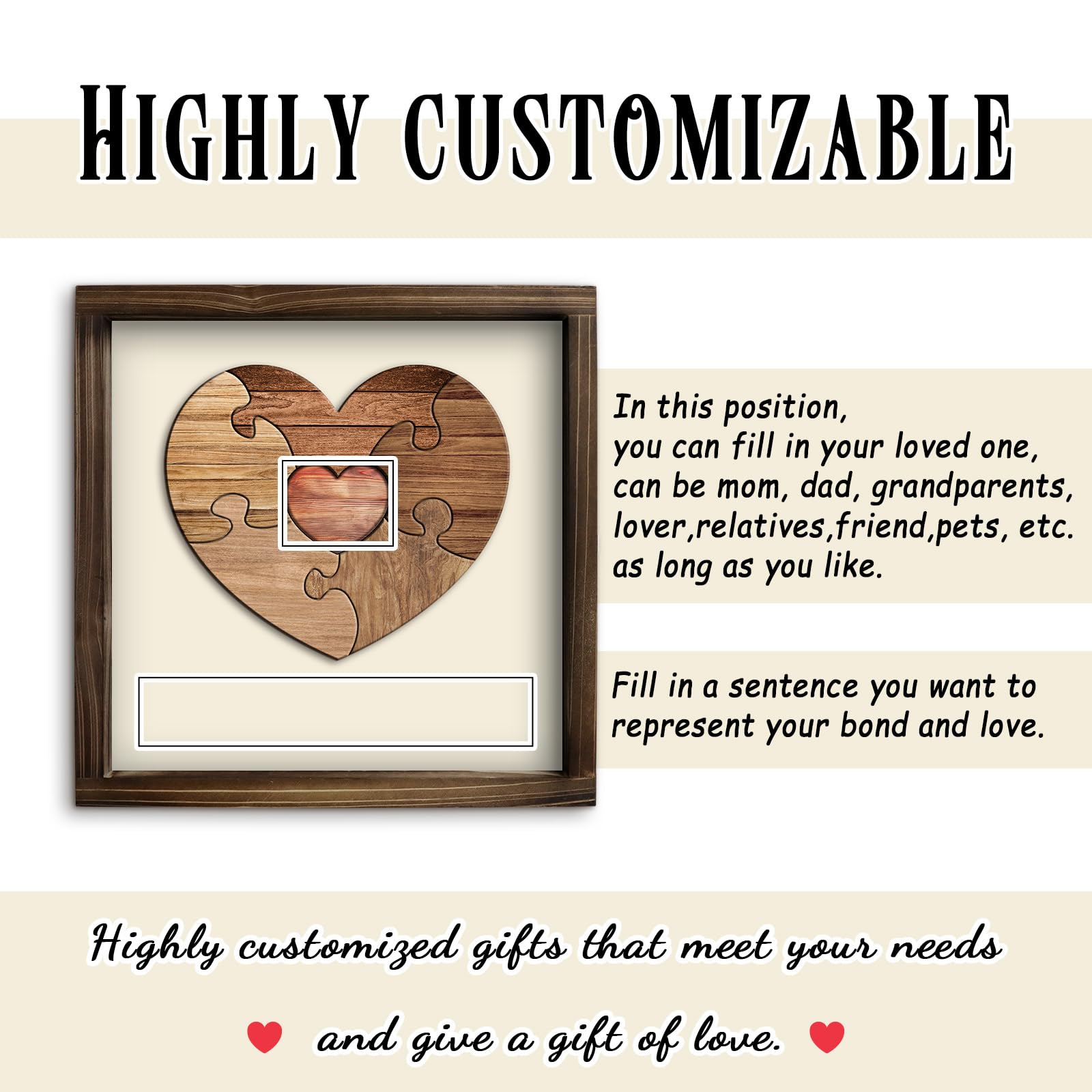 Kas Home Personalized Wooden Heart Name Puzzle Sign, Custom Family Name Puzzle with 1-8 Names Engraved Text Gift Desktop Ornament for Father's Day - WoodArtSupply