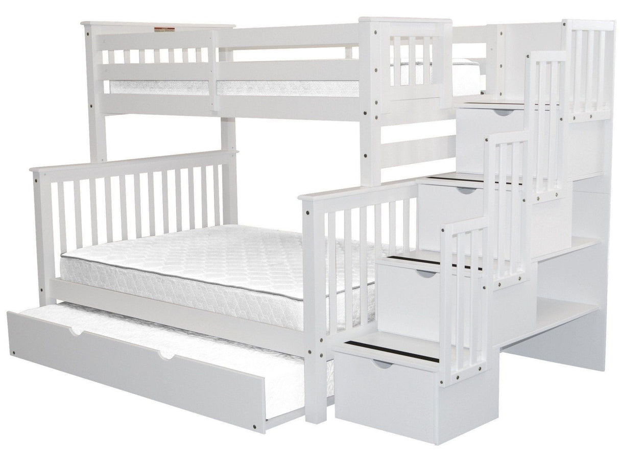Bedz King Stairway Bunk Beds Twin over Full with 4 Drawers in the Steps and a Twin Trundle, White Bedz King