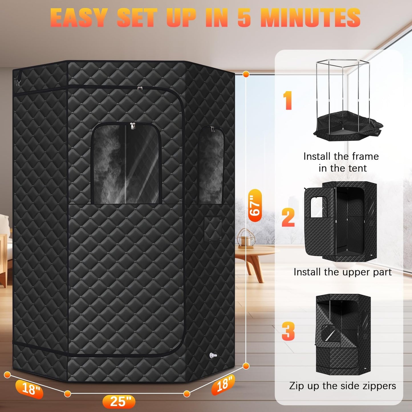 Upgraded Portable Steam Sauna for Home, Personal Sauna Box for Home, Home Sauna Tent with 1200W 3L Steam Generator, 99 Minute Timer, Folding Chair, Remote Control Included(Black)