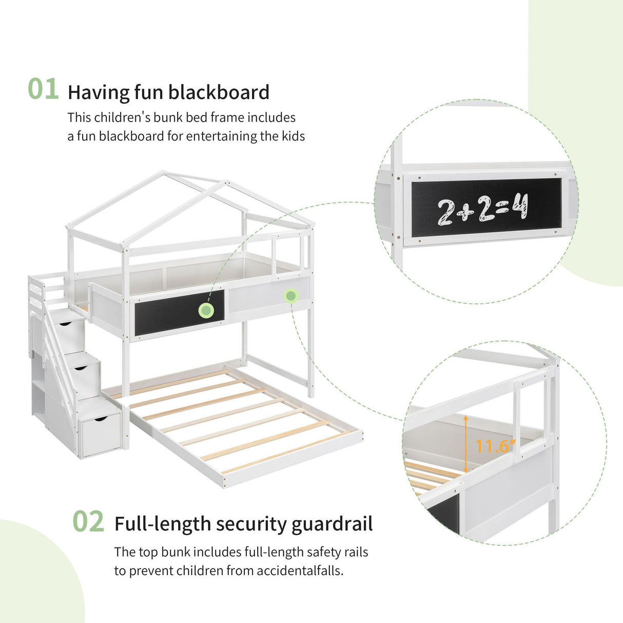 Merax Twin Over Full House Bunk Bed with Storage Staircase & Blackboard, Wood Kids Bunk Bed with Roof and Safety Guardrails, Playhouse Bunk Beds for Kids, Teens, Adults, No Box Spring Required, White Merax