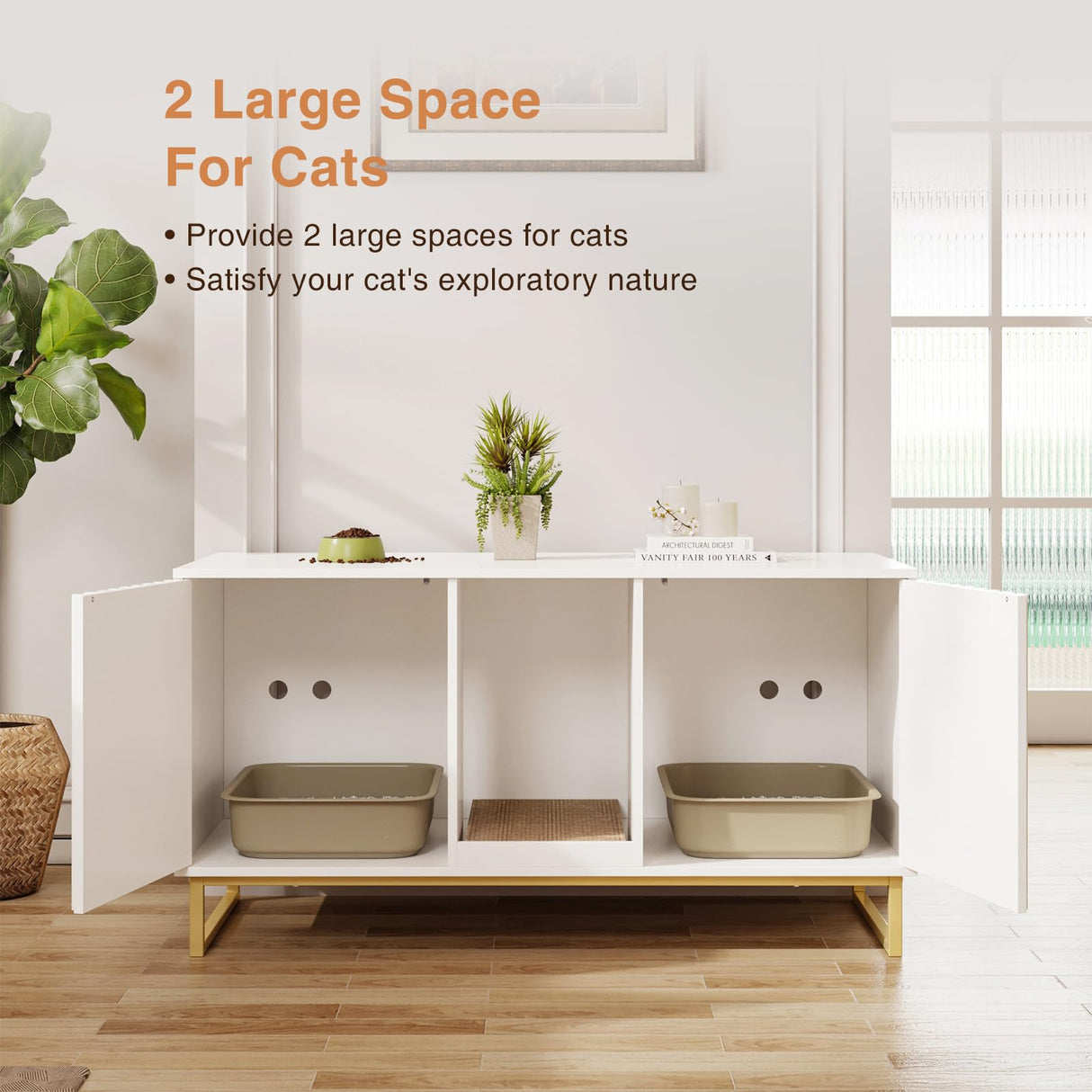 Cat Litter Box Enclosure for 2 Cats, 47.6’’ Litter Box Furniture Hidden with Scratch Pad, Double Room Large Cat Cabinet, Indoor Pet House TV Stand Side Table,Cats Washroom, White Halitaa