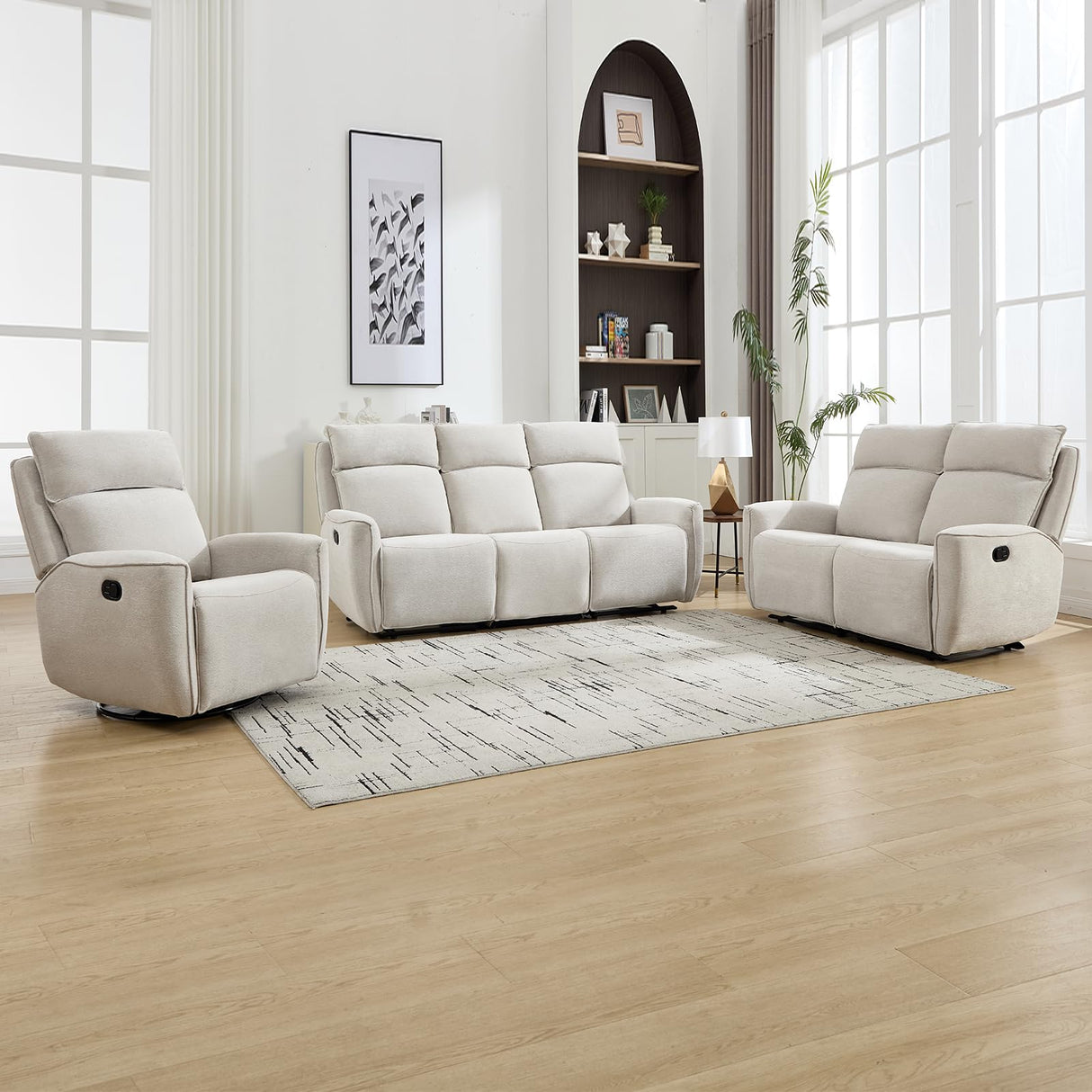 INZOY Manual Recliner Sofa Furniture Set for Living Room, Included Chenille Nursing Chairs Swivel Glider Recliners, Wall-Hugger 2 Seat Reclining Loveseat, Double Reclining Sofa Couch, Beige, 1+2 INZOY