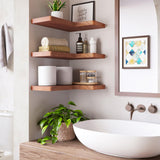 Fixwal Corner Floating Shelves for Wall Mounted Natural Solid Wood 16"x11.4" Farmhouse Home Decor Display Shelving Set of 3 (Rustic Brown) Fixwal