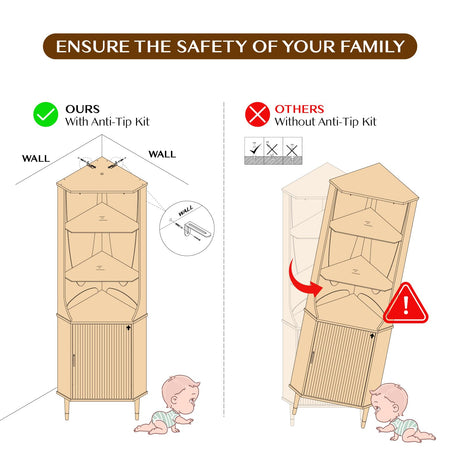 70" Tall Corner Bar Cabinet, Mid-Century Modern Fluted Storage Cabinet with Glass Shelves, Door & LED Lighting, Space-Saving Liquor Cabinet for Living Room, Kitchen, or Dining Room, Walnut JOINICE