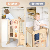 Joyreal Foldable Toddler Tower, Toddler Kitchen Stool Helper with 2 Step Stool, Wooden Standing Tower with 6 Montessori Activity Games, Safety Net & Adjustable Height Joyreal