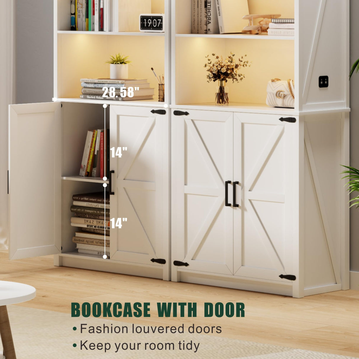 FREDEES Farmhouse White Tall Bookcase with LED Lights and Storage Cabinet, 30" W x 69" H FREDEES