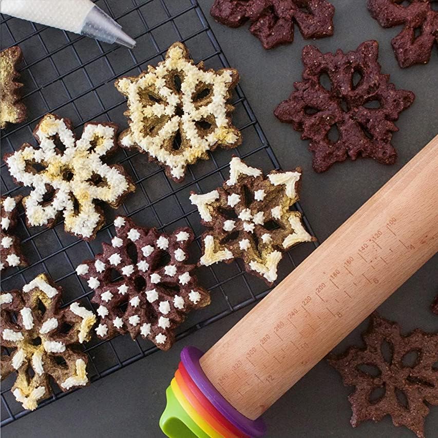 Mepple Rolling Pin with Thickness Rings and Pastry Baking Mat, 13.6" Adjustable Wood Rolling Pin Dough Roller for Baking Cookie Pizza, Comes with Large Silicone Pastry Mat and Wooden Stand Mepple