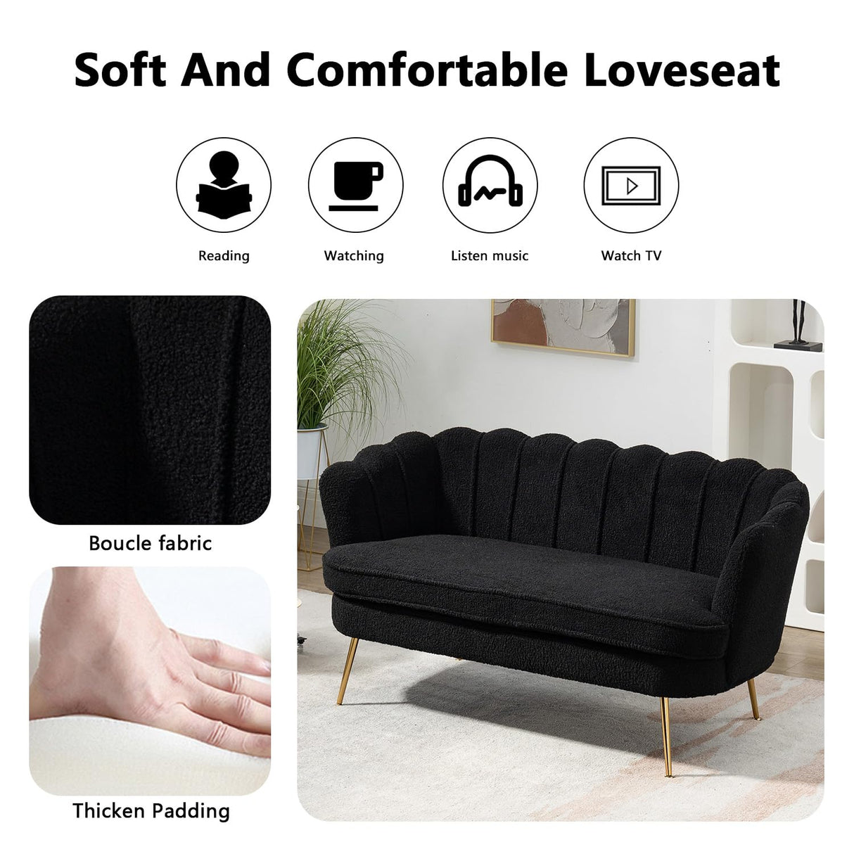 Anwick 59" Small Modern Chenille Loveseat Sofa, 2-Seater Sofa with Gold Metal Legs, Small Couch with Flower Shaped Back for Living Room Bedroom Office (Black) Anwick