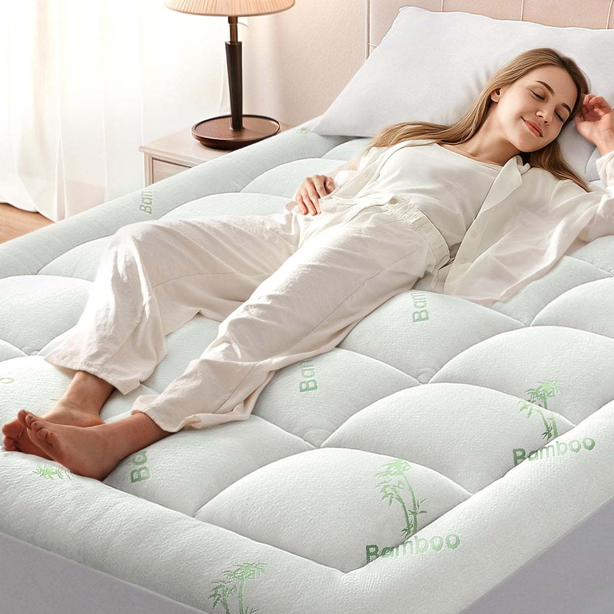 Anluoer Memory Foam Mattress Topper Queen for Back Pain, Rayon Derived from Bamboo Pillow Top Mattress Topper for Hot Sleepers,Cooling Mattress Pad with 8-21" Deep Pocket, 60x80 Inches, White Anluoer