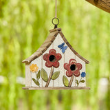 Glitzhome 10.75" L Distressed Solid Wood Birdhouse with 3D Flowers Rustic Two-Story Townhouse Hand-Painted Bird Houses for Garden Outdoors,Washed White glitzhome