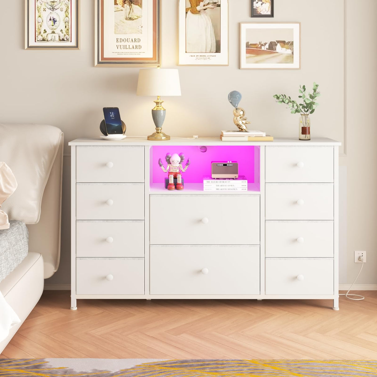 LDTTCUK Dresser with Charging Station and LED Lights, Long Dresser for Bedroom Dresser TV Stand with 10 Drawers, Fabric Chest of Drawers with PU Finish, Wide Dresser Storage Organizer, White LDTTCUK