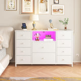 LDTTCUK Dresser with Charging Station and LED Lights, Long Dresser for Bedroom Dresser TV Stand with 10 Drawers, Fabric Chest of Drawers with PU Finish, Wide Dresser Storage Organizer, White LDTTCUK