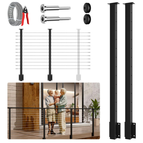 Gyykzz 2Pack One-Stop Side Mount Cable Railing Post Kits 42" (Post Body 47.6"), Complete Set Include 2 Pack Side Mount Line Posts, 105ft Cable, 12 Sets Cable Tensioner, 48 Cable Grommets (No Handrail) Gyykzz