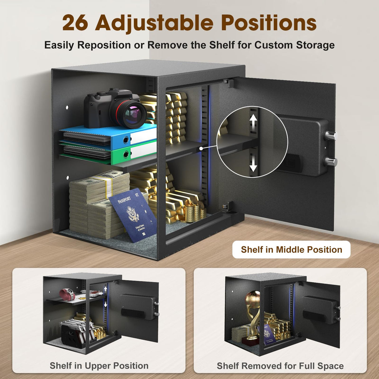 2.3 Cu.Ft Modern Fireproof Safe with Gun Rack – Dual Passwords, Fireproof Bag, Adjustable Shelf, Anti-Scratch Mat & Mounting Kit, Fits Laptop, Documents & Valuables, 15.75"D x 13.78"W x 13.78"H GOLDENKEY