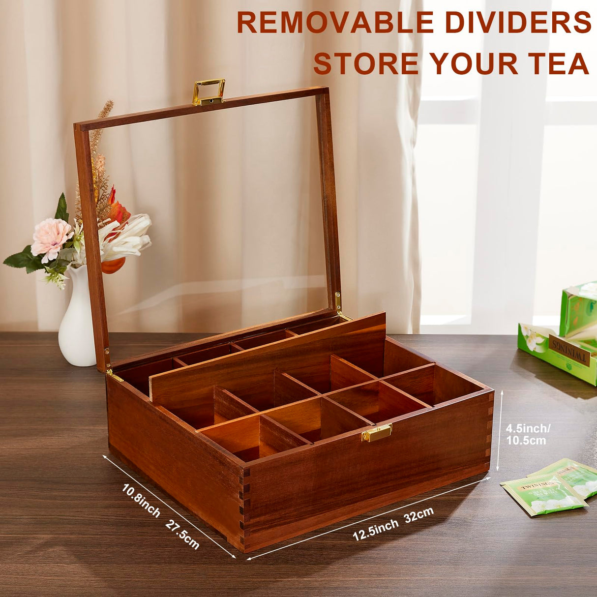 Tea Bag Organizer, Acacia Wood Tea Organizer Box, 12 Compartments Tea Organizer for Tea Bags with Clear Glass Window, Tea Bag Holder for Countertop Kitchen Cabinet Pantry - Keeps Tea Bags Fresh HouseJoy