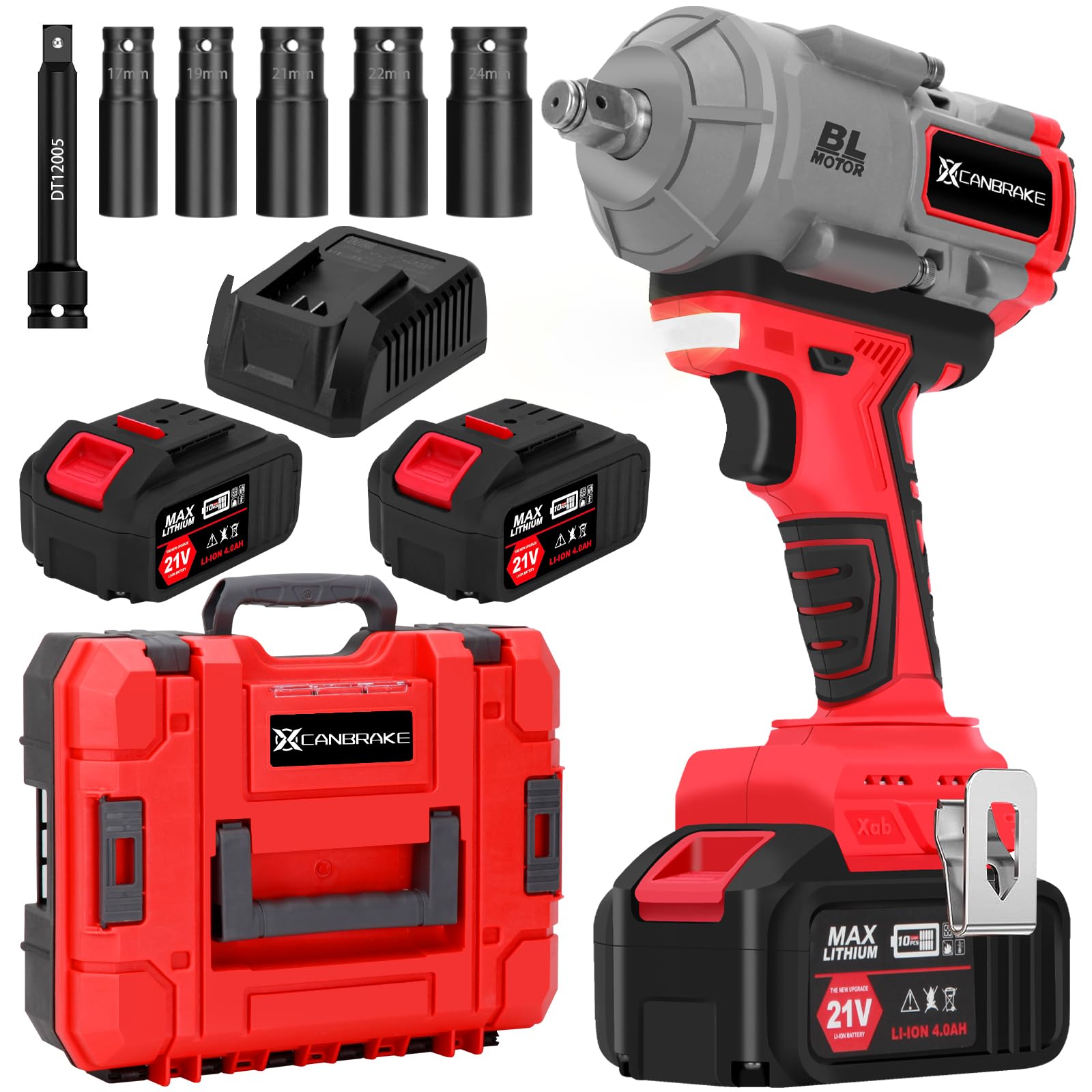 Canbrake 1000N.m(740ft-lbs) Cordless Impact Wrench,21V 1/2 Inch High Torque Impact Gun with 2 x 4.0Ah Batteries,Fast Charger & 5 Sockets,Electric Impact Variable Speeds for Car Truck Mower Ho - WoodArtSupply