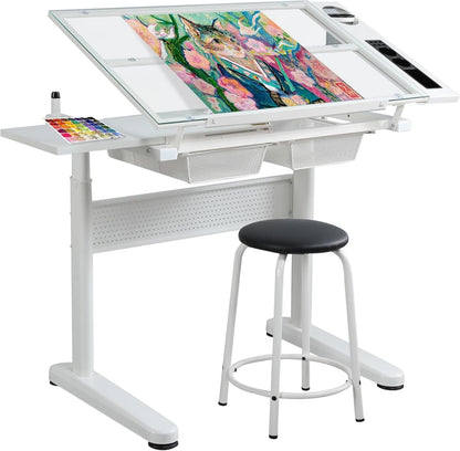 ZephyPaws Glass Drafting Table and Stool Set, Upgraded Hand Crank Adjustable Height Drawing Table Artist Desk with 2 Storage Drawers for Home Office (White)