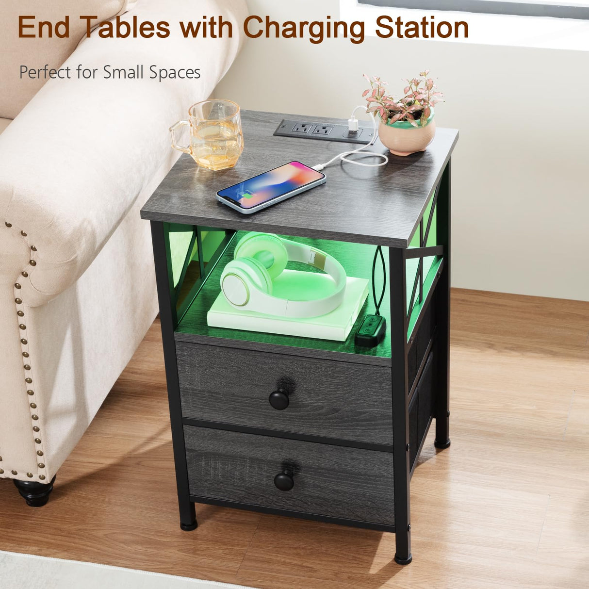 AMHANCIBLE Night Stand Set 2, LED Nightstands for Bedroom Set of 2 with Charging Station, End Table with USB Port and Outlet, Side Table with 2 Storage Drawers for Living Room, Dark Grey HET052LDG AMHANCIBLE