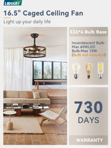 LEDIARY 16.5in Caged Ceiling Fan with Light, Bladeless Industrial Ceiling Fan with Remote, Rustic Metal Fan Lights Ceiling Fixtures for Kitchen, Farmhouse, Bedroom（6 Speed,1/2/4/8h Timing）-Walnut LEDIARY