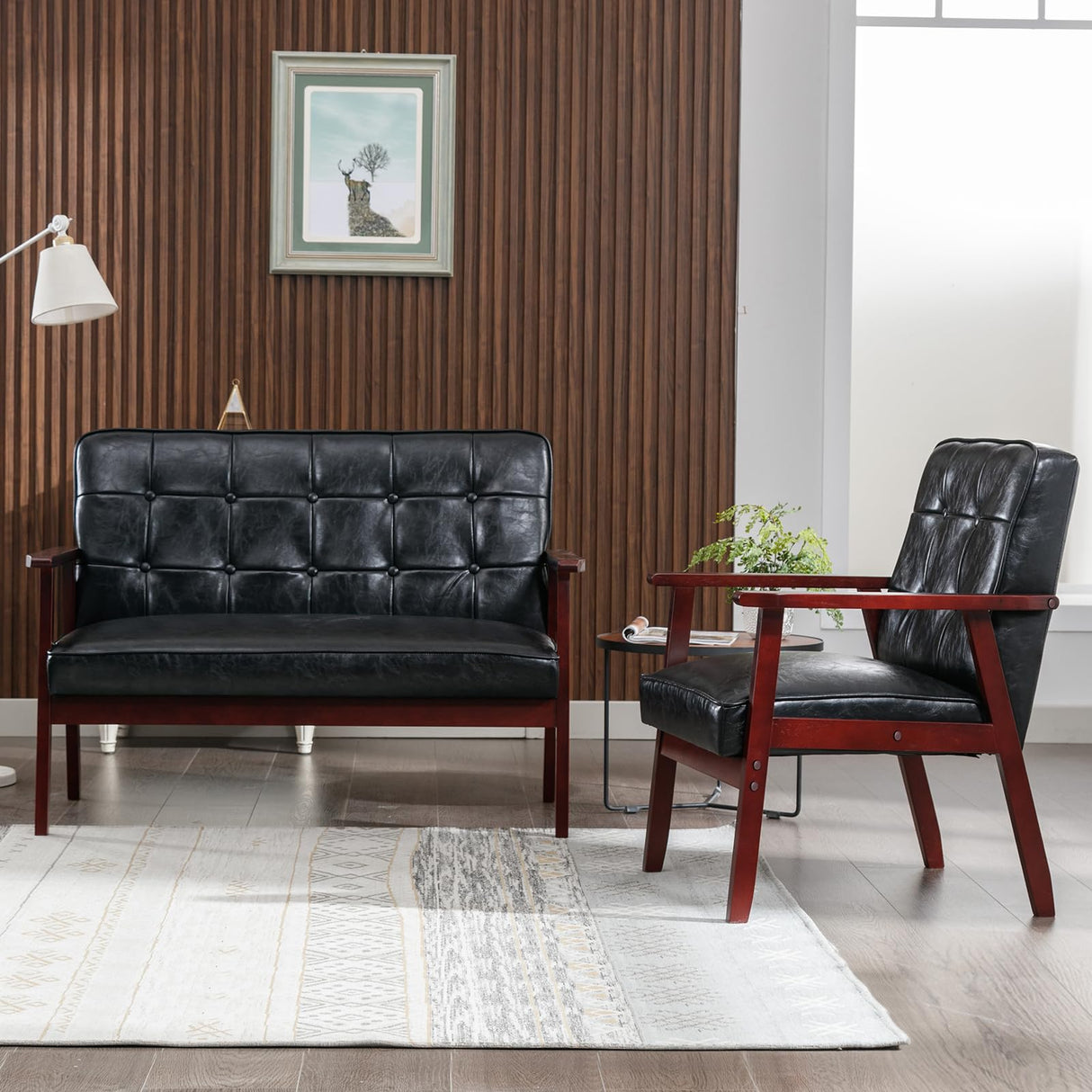Okeysen Modern Loveseat Sofa Set (Black) - Ergonomic Leather, Mid-Century Design, 2-Seat & Accent Chair, Small Spaces Furniture, Living Room, Apartment, Office Okeysen