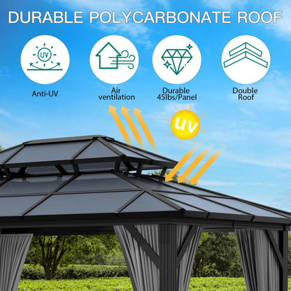 GAOMON 10x13ft Gazebo, Hardtop Double Roof Canopy with Netting and Curtains, Outdoor Gazebo Polycarbonate Aluminum Frame Garden Tent for Patio, Backyard, Deck, Lawns (Gray)