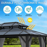 10'x13' Hardtop Gazebo, Outdoor Polycarbonate Double Roof Canopy, Aluminum Frame Permanent Pavilion with Curtains and Netting, Sunshade for Garden, Patio, Lawns (Gray) OUTLANE