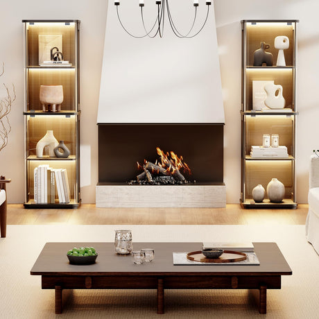 BROTTAR Rounded Display Cabinet with Glass Door, 4-Tier Curio Cabinet with 3 Color Lights for Collectibles, Glass Display Case with Transparent Full-Display Surface, Human Body Sensor, Black BROTTAR