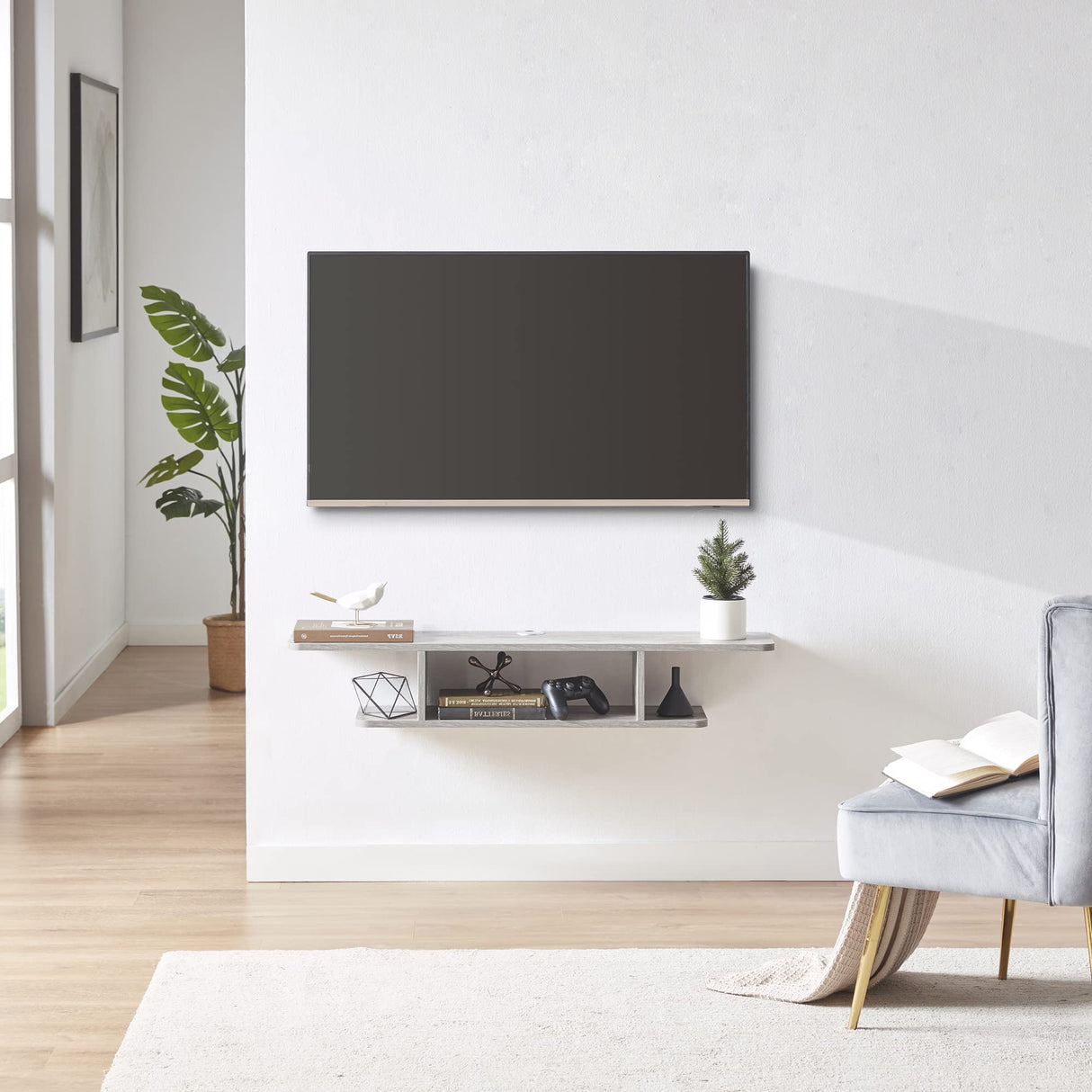 Floating TV Stand, Wall Mounted Entertainment Center and Cabinet Shelf, TV Console with Storage, Media Console for DVD Player, Space-Saving Under TV Shelf for Bedroom, Living Room (Grey) GHC