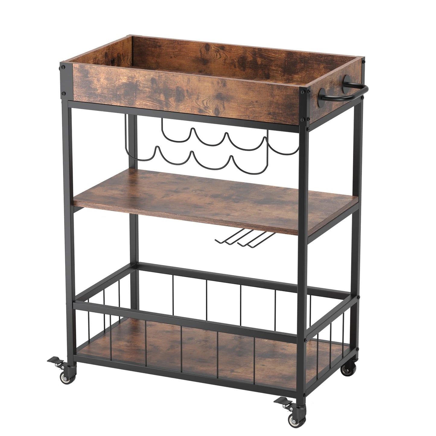 SogesHome Industrial Bar Cart Home, Wine Cart on Wheels with Shelf, Kitchen Serving Utility Cart Beverage Cart with Wine Rack and Glass Holder, Rustic Brown