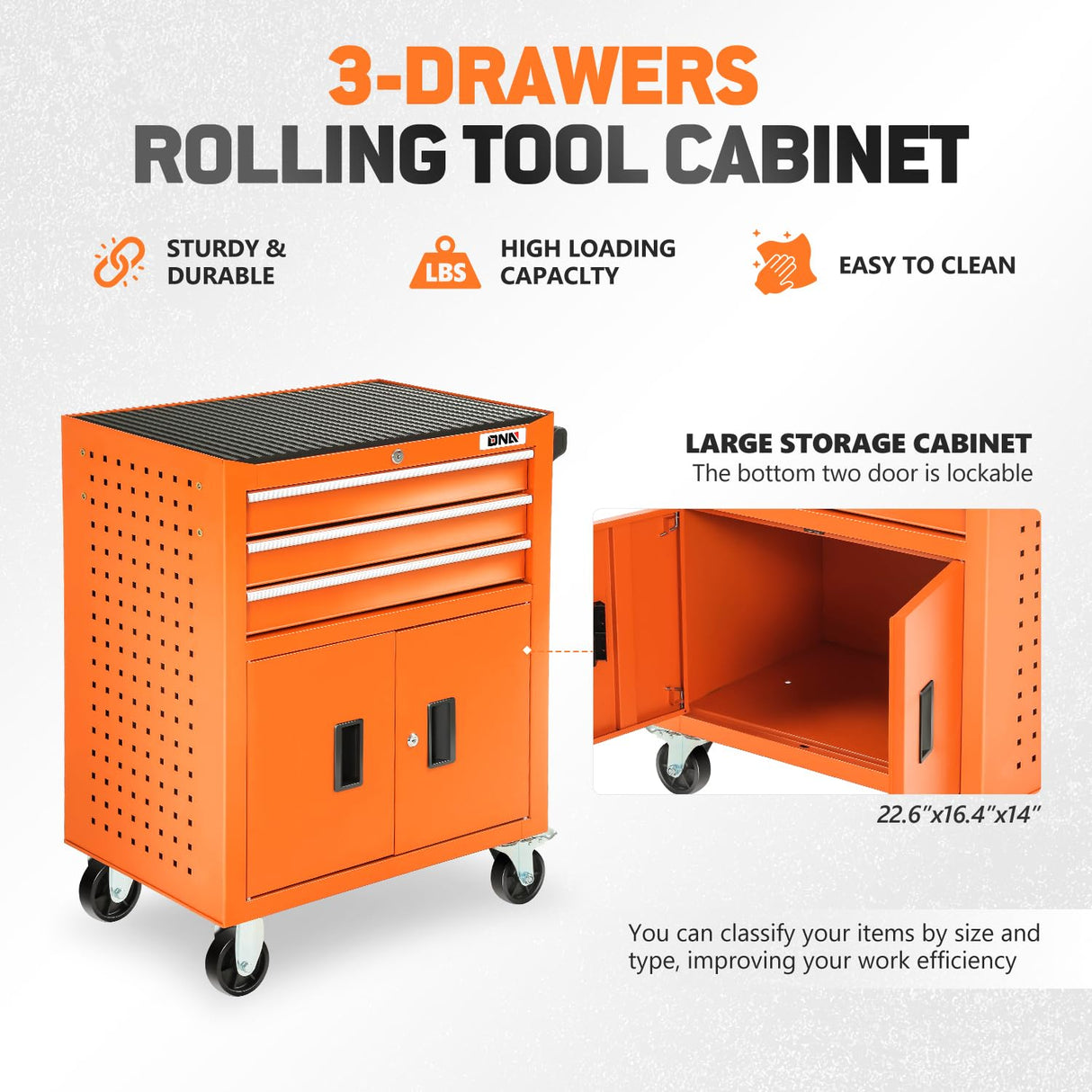 DNA MOTORING 3-Drawers Rubber Top Utility Rolling Tool Chest Cabinet with Wheels, Heavy Duty Industrial Service Cart Keyed Locking System, for Garage Warehouse Workshop, Orange, TOOLS-00405 DNA MOTORING